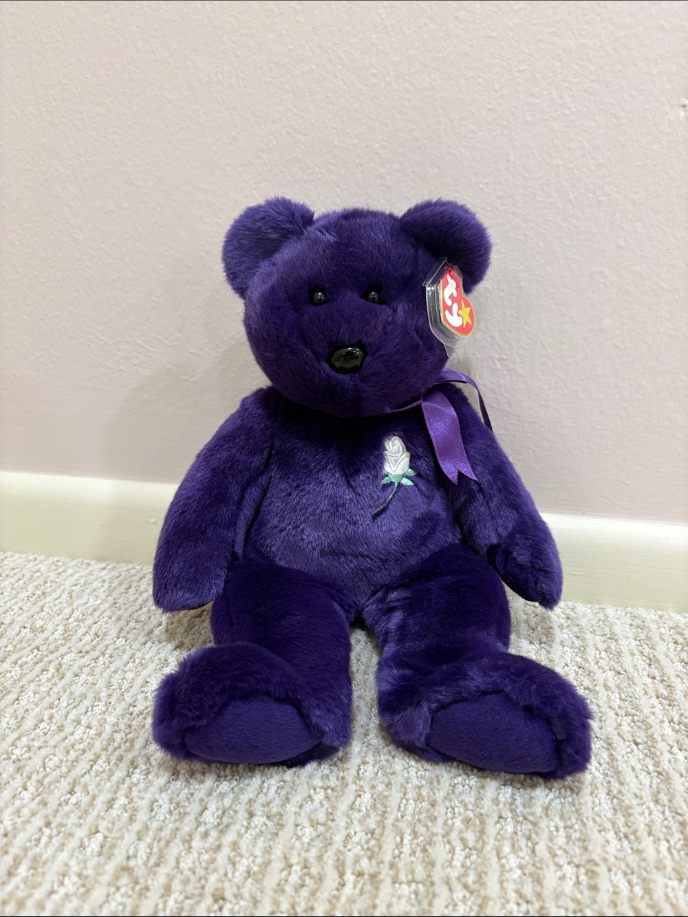 TY 1998 Princess Diana Beanie Buddy Purple Bear with Embroidered White Rose Rare